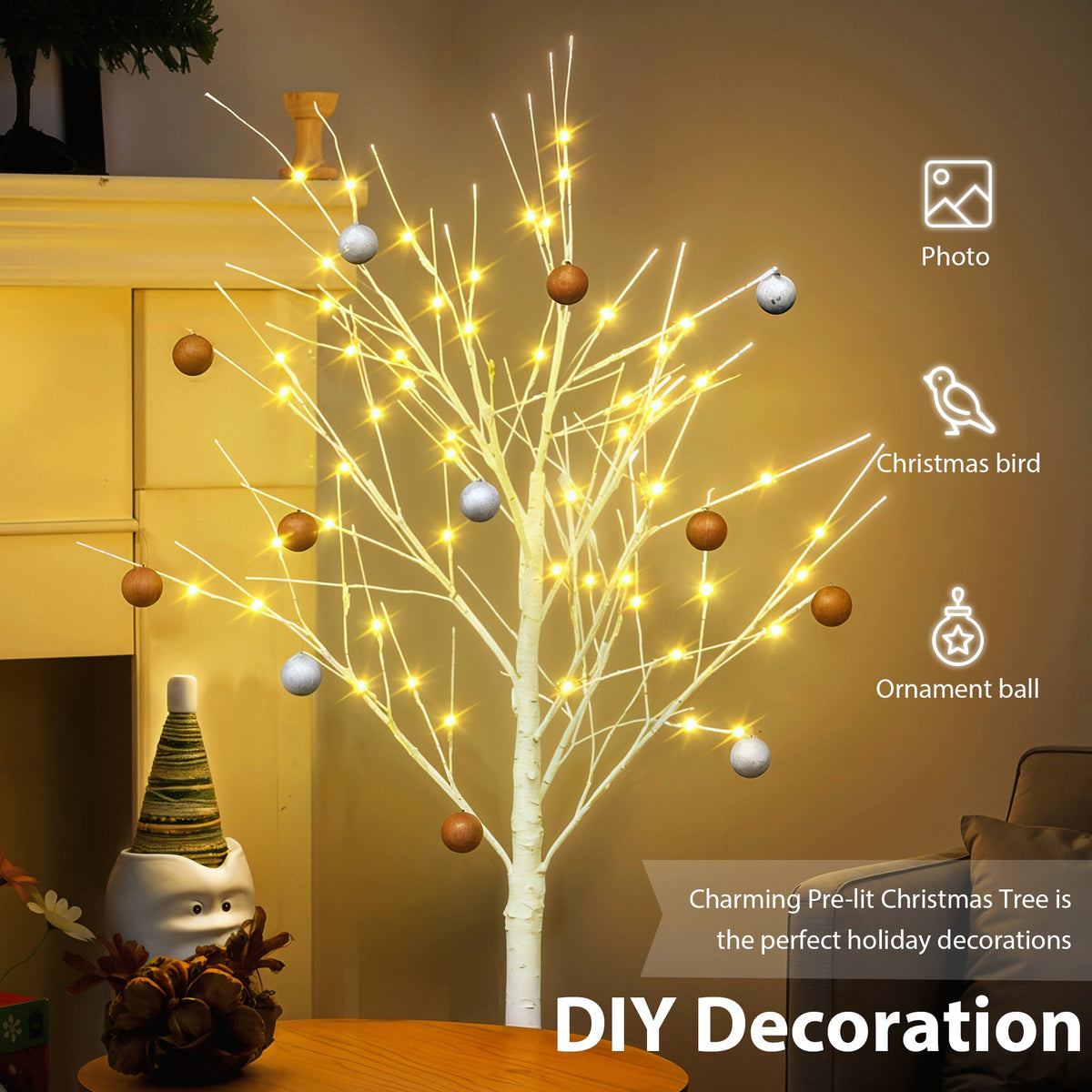 Artificial Birch Tree with Warm White LED Lighting
