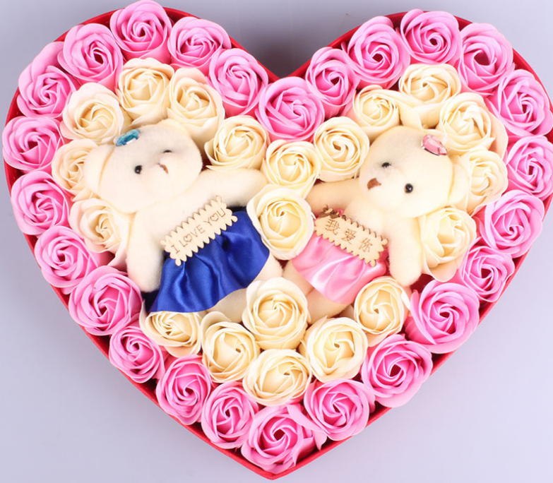 Plush Flower Bouquet Gift With Heart-Shaped Keepsake Box