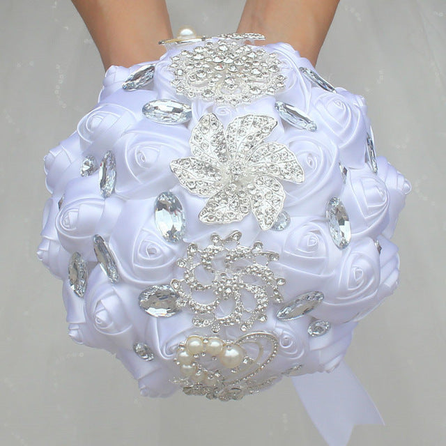 Handmade Satin Rose Bridal Bouquet, Rhinestone Brooches