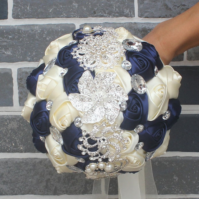 Handmade Satin Rose Bridal Bouquet, Rhinestone Brooches