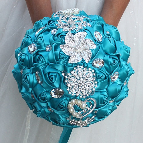 Handmade Satin Rose Bridal Bouquet, Rhinestone Brooches