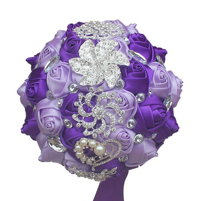 Handmade Satin Rose Bridal Bouquet, Rhinestone Brooches