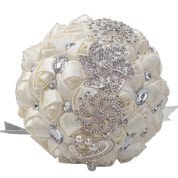 Handmade Satin Rose Bridal Bouquet, Rhinestone Brooches