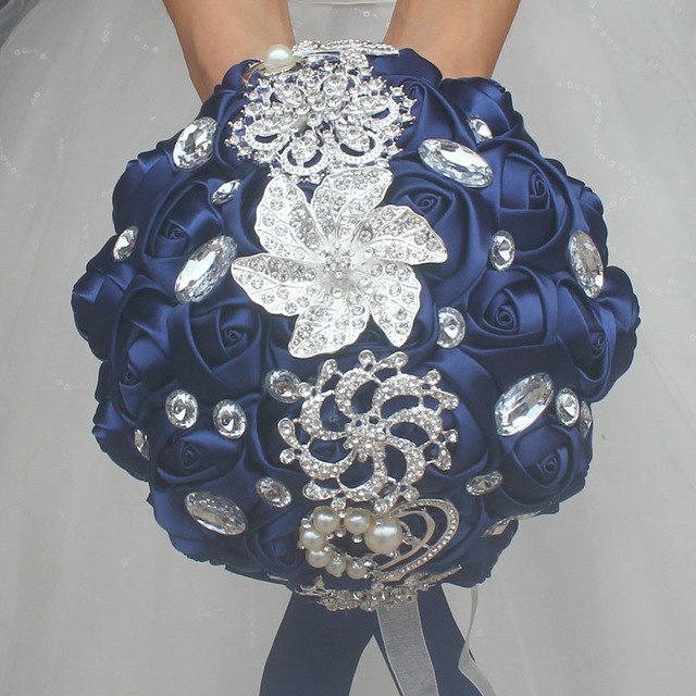 Handmade Satin Rose Bridal Bouquet, Rhinestone Brooches