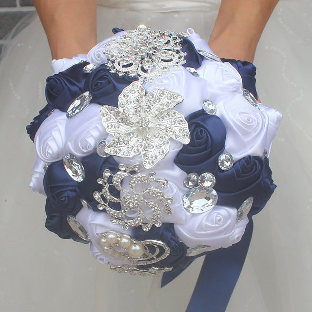 Handmade Satin Rose Bridal Bouquet, Rhinestone Brooches