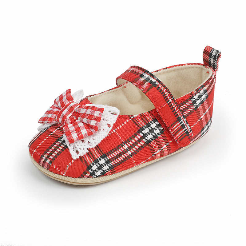 Baby Girl Plaid Mary Jane Shoes With Classic Bow Details