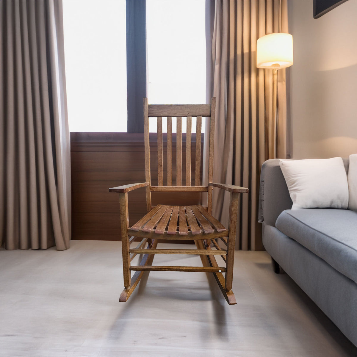 Wooden Porch Rocking Chair with Tall Back & Armrests