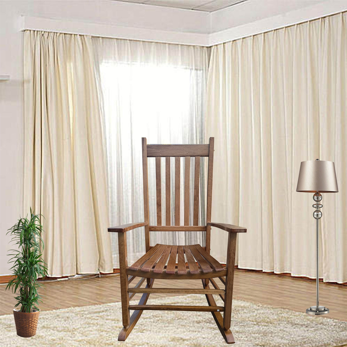 Wooden Porch Rocking Chair with Tall Back & Armrests