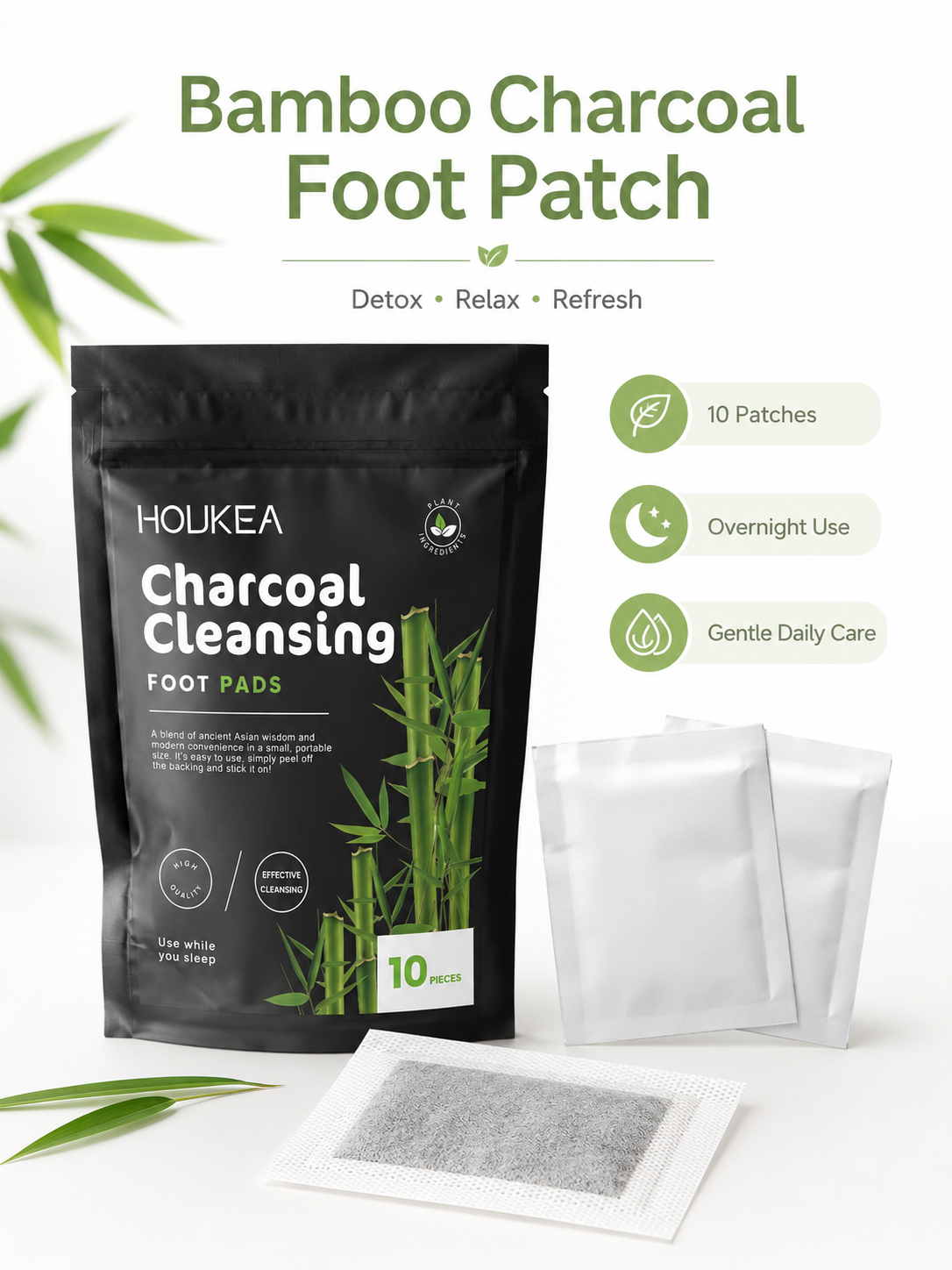 Bamboo Charcoal Detox Foot Patches | HOUKEA | 10-Pack
