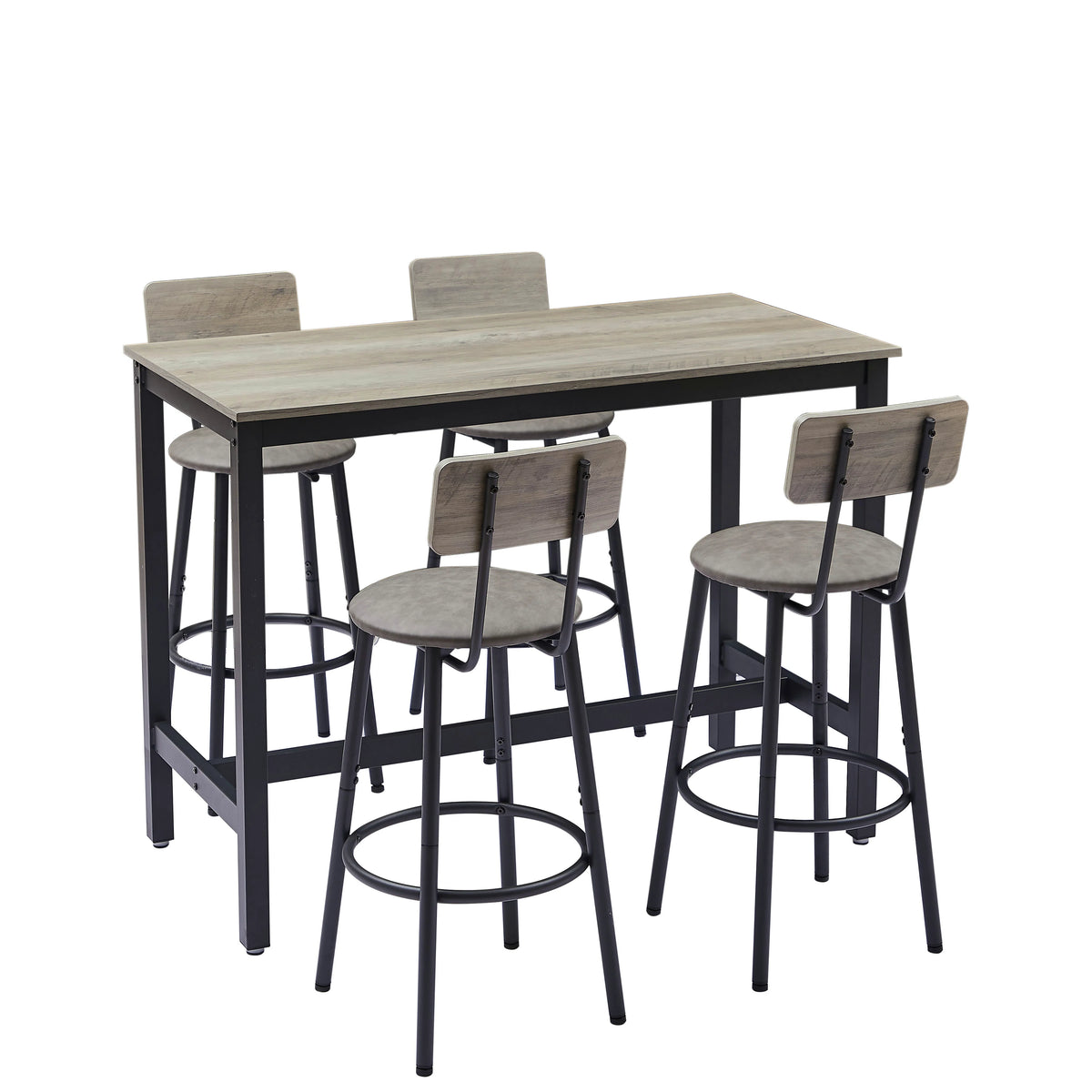 Industrial Grey Bar Table Set with 4 Backrest Stools