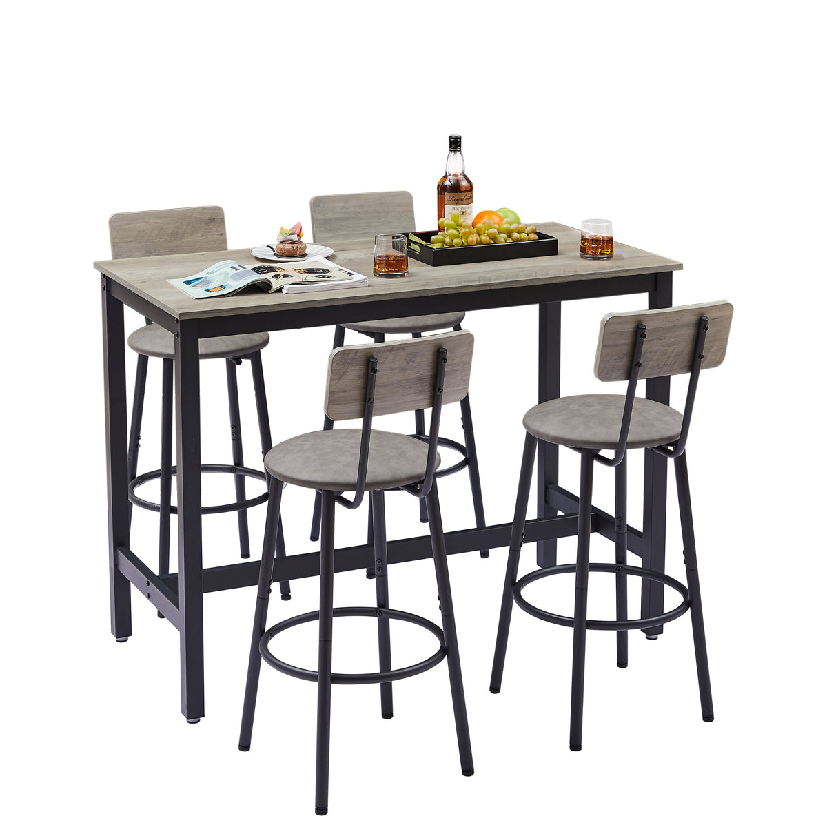 Industrial Grey Bar Table Set with 4 Backrest Stools