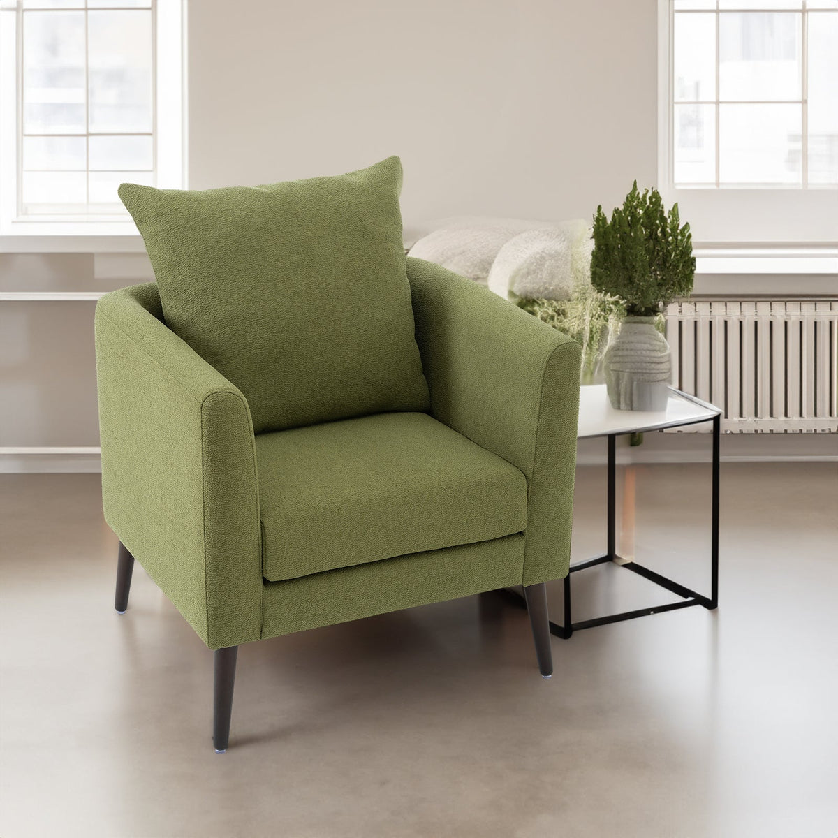 Olive Green Boucle Accent Armchair with Solid Wood Legs