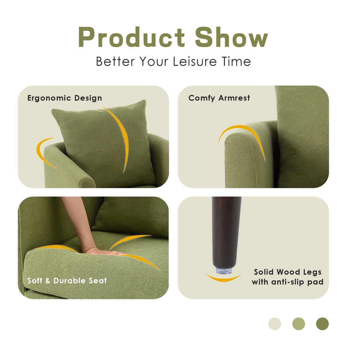 Olive Green Boucle Accent Armchair with Solid Wood Legs