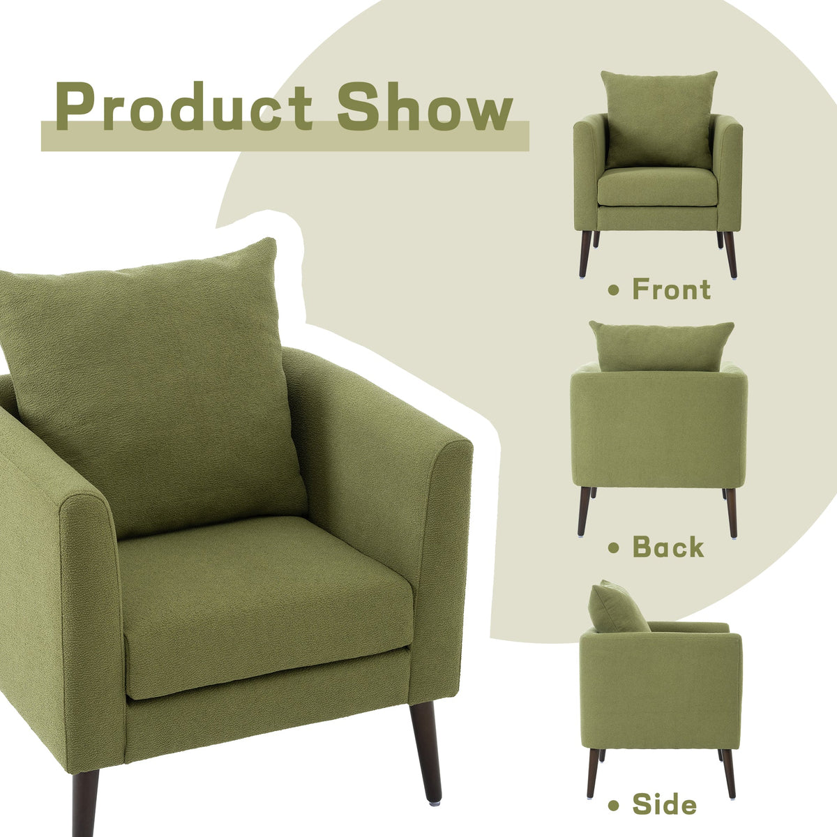 Olive Green Boucle Accent Armchair with Solid Wood Legs