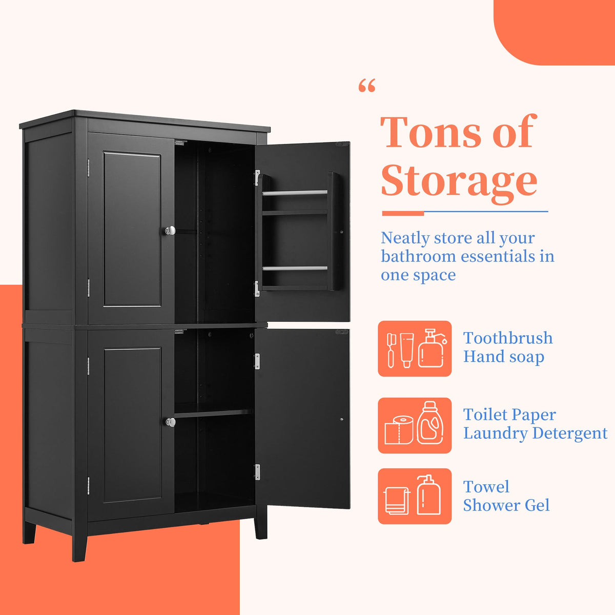Bathroom Floor Storage Cabinet with Adjustable Shelves