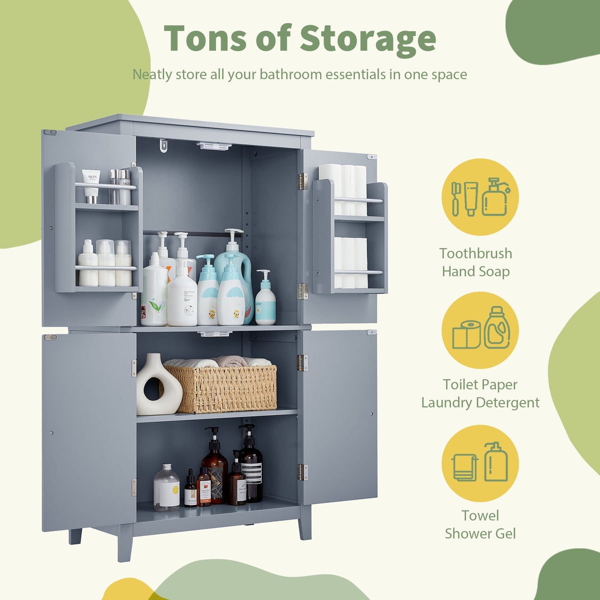 Bathroom Floor Storage Cabinet with Adjustable Shelves