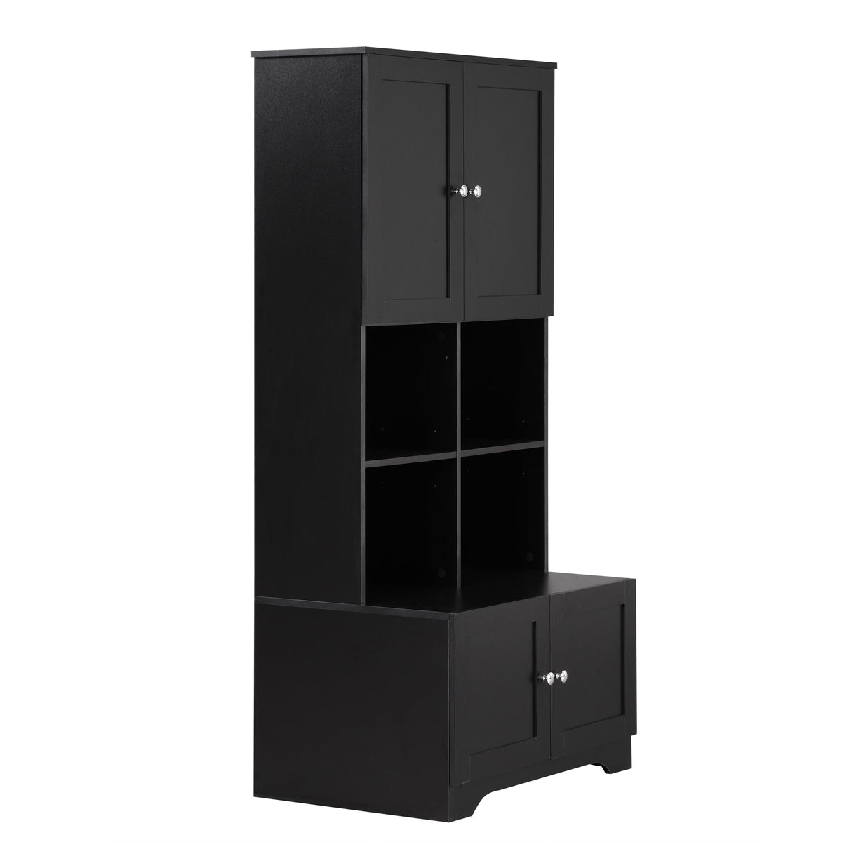 Black Bathroom Storage Cabinet, 4 Doors and Open Shelves