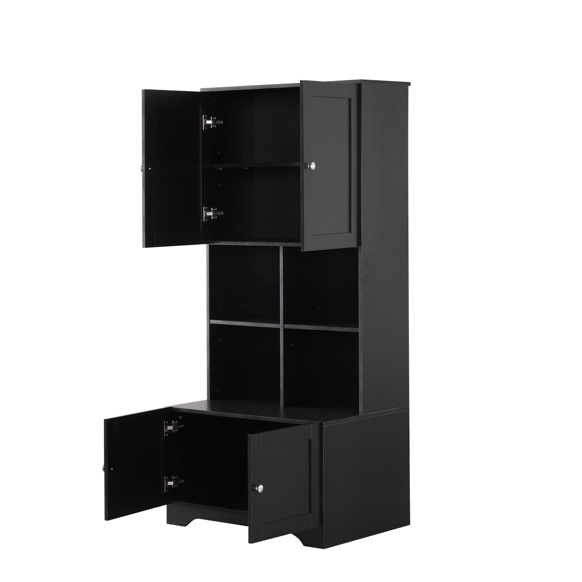 Black Bathroom Storage Cabinet, 4 Doors and Open Shelves