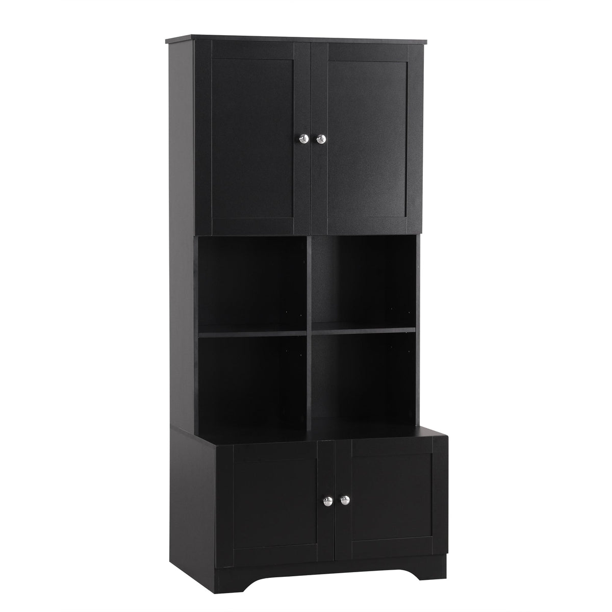 Black Bathroom Storage Cabinet, 4 Doors and Open Shelves