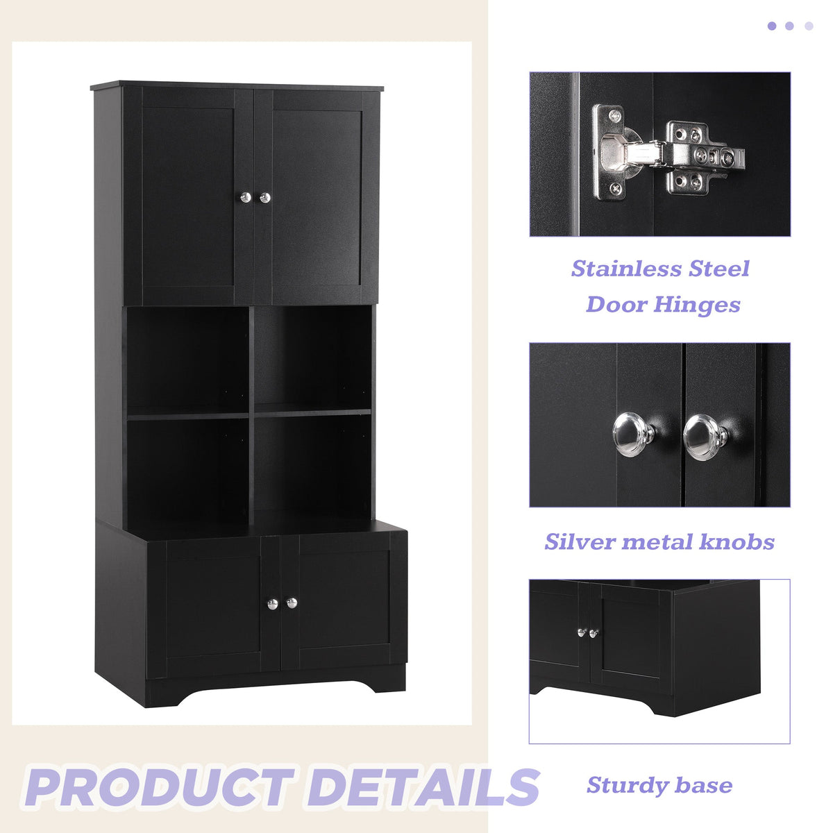 Black Bathroom Storage Cabinet, 4 Doors and Open Shelves
