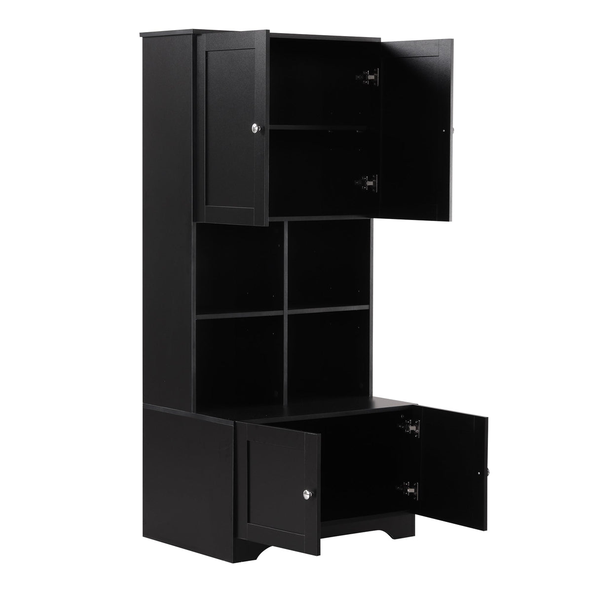 Black Bathroom Storage Cabinet, 4 Doors and Open Shelves