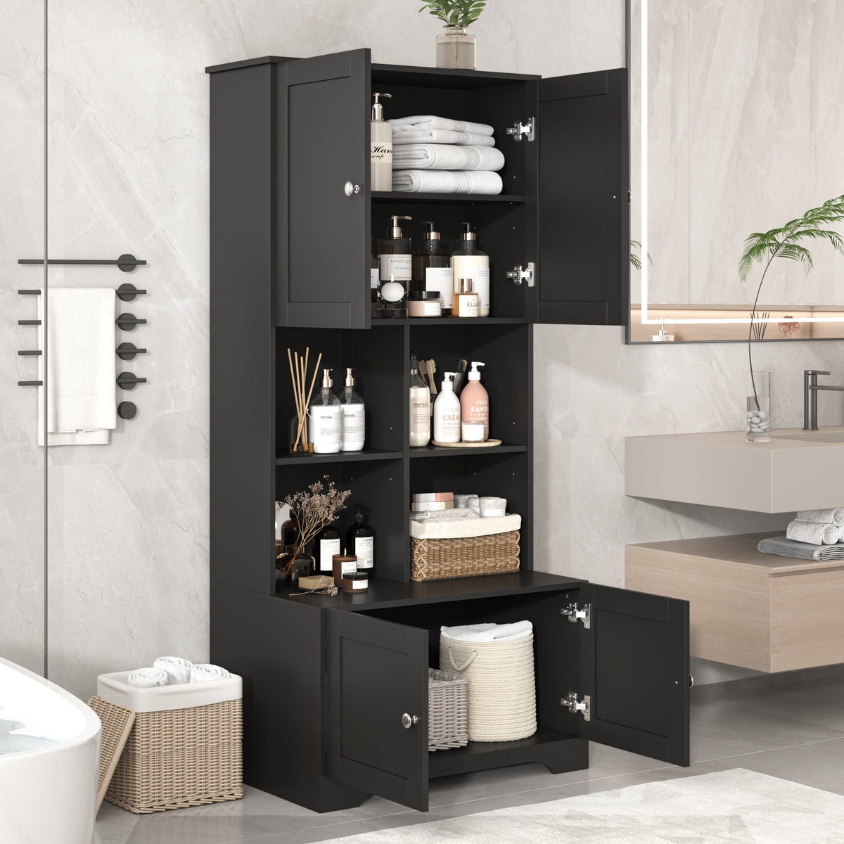 Black Bathroom Storage Cabinet, 4 Doors and Open Shelves