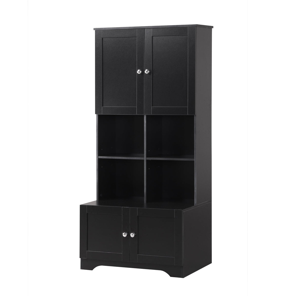 Black Bathroom Storage Cabinet, 4 Doors and Open Shelves