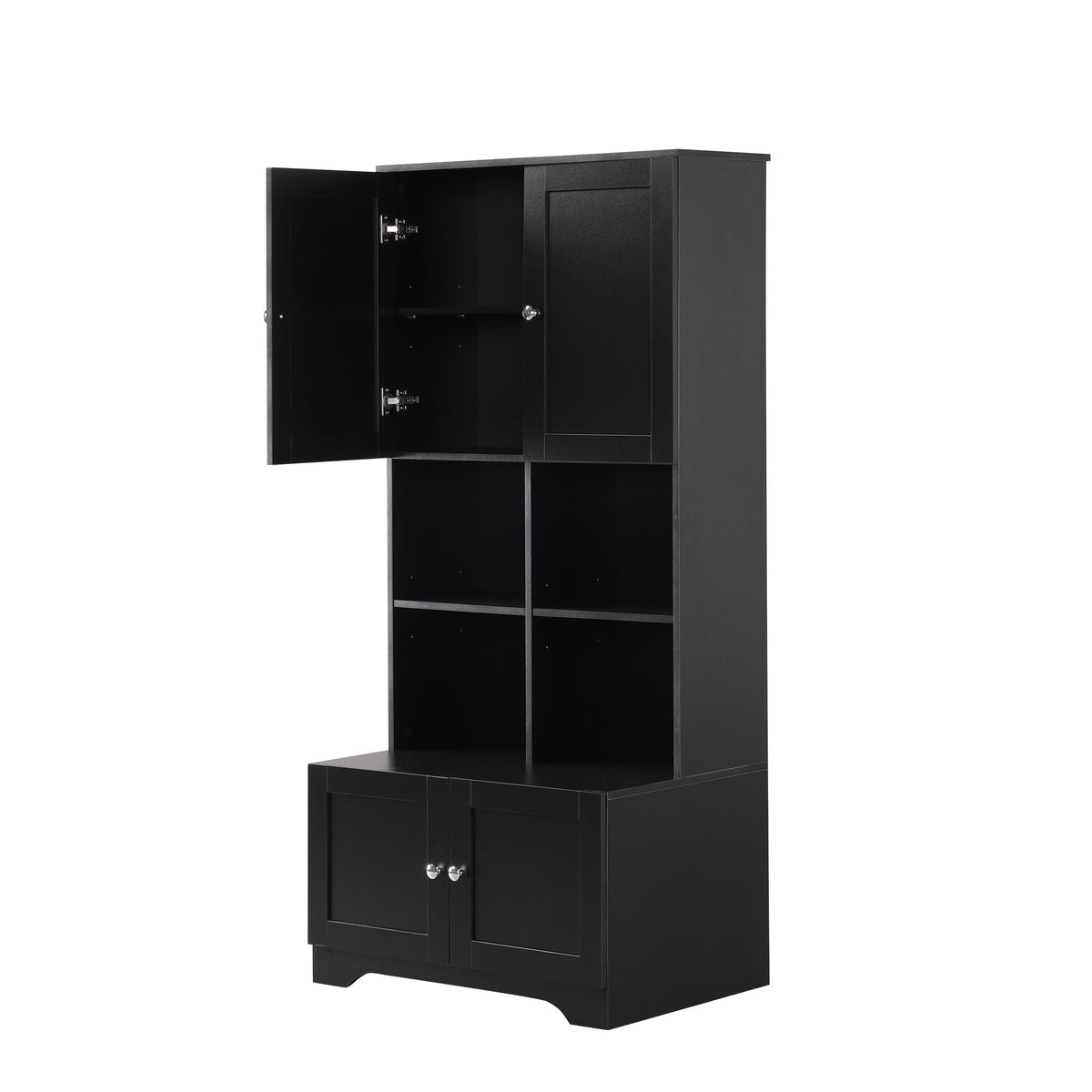 Black Bathroom Storage Cabinet, 4 Doors and Open Shelves