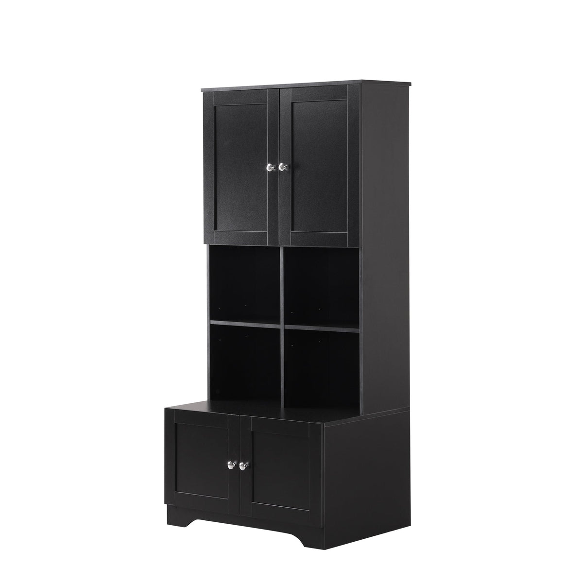 Black Bathroom Storage Cabinet, 4 Doors and Open Shelves