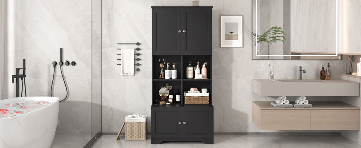 Black Bathroom Storage Cabinet, 4 Doors and Open Shelves