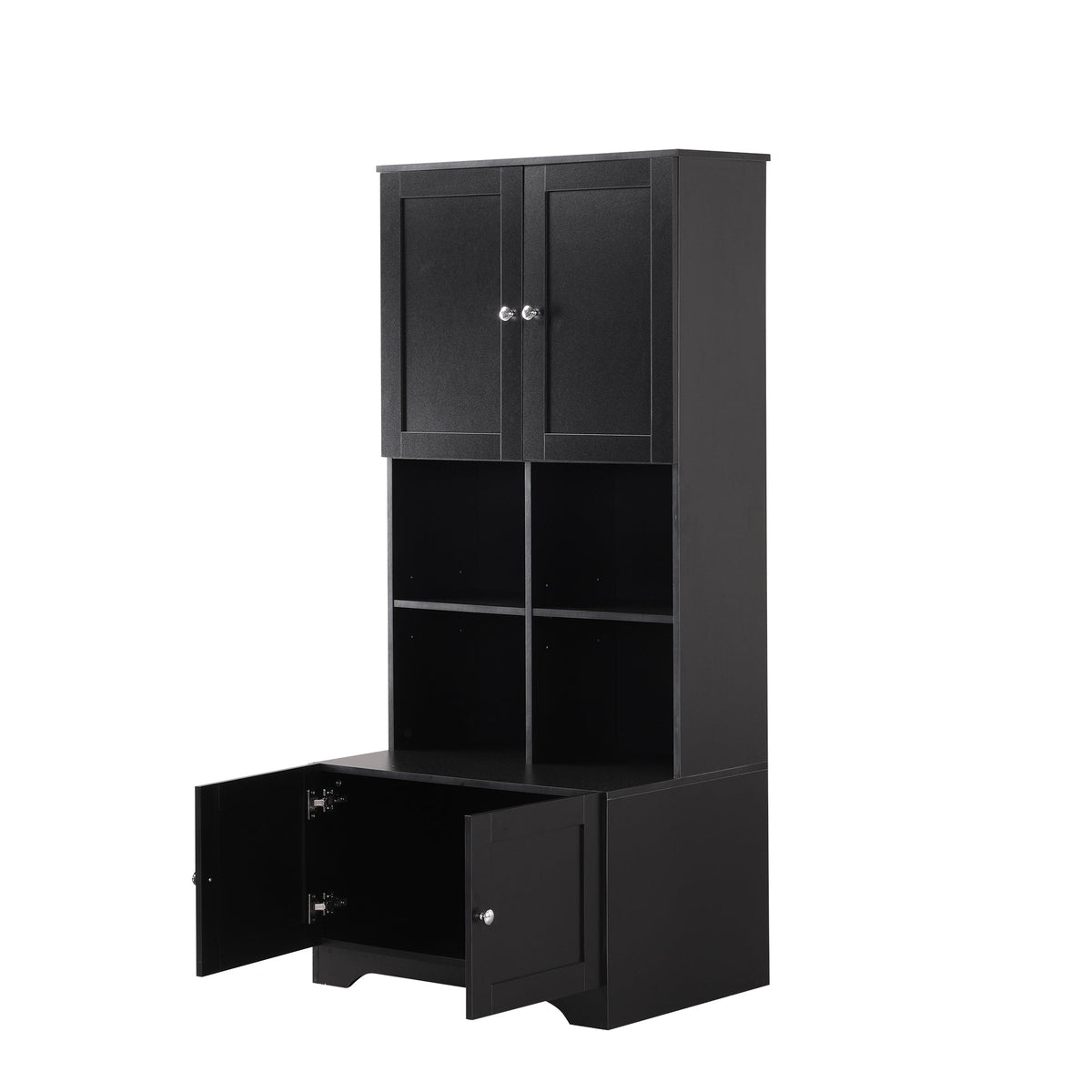Black Bathroom Storage Cabinet, 4 Doors and Open Shelves