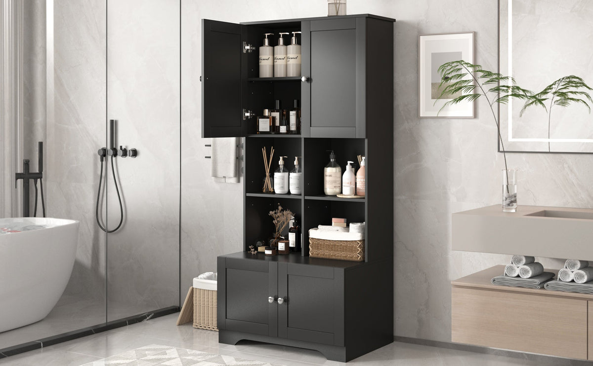 Black Bathroom Storage Cabinet, 4 Doors and Open Shelves