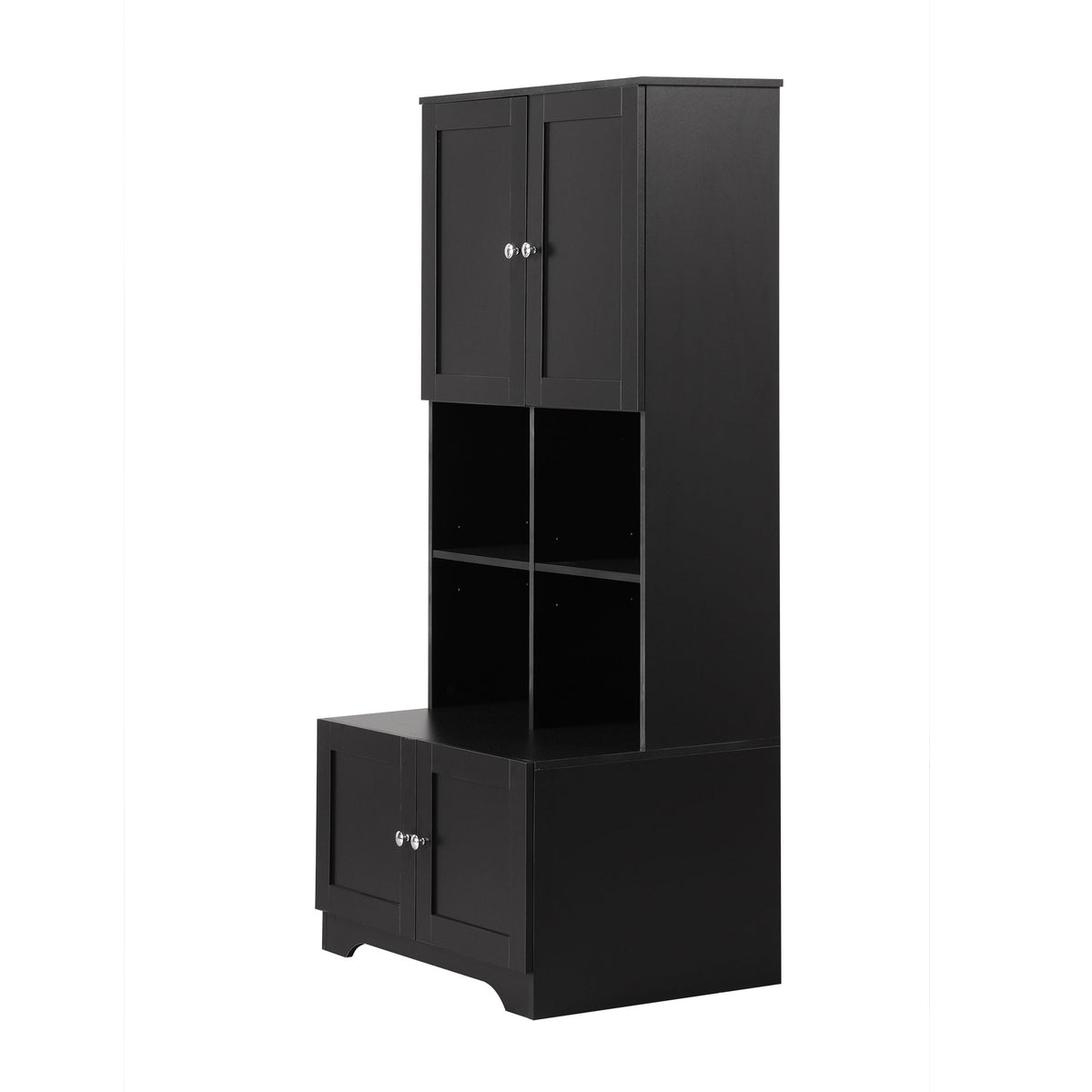Black Bathroom Storage Cabinet, 4 Doors and Open Shelves