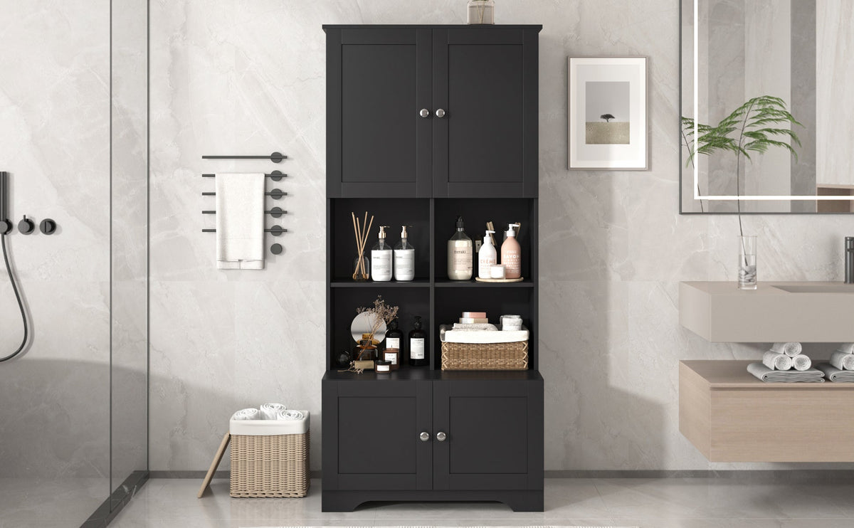 Black Bathroom Storage Cabinet, 4 Doors and Open Shelves