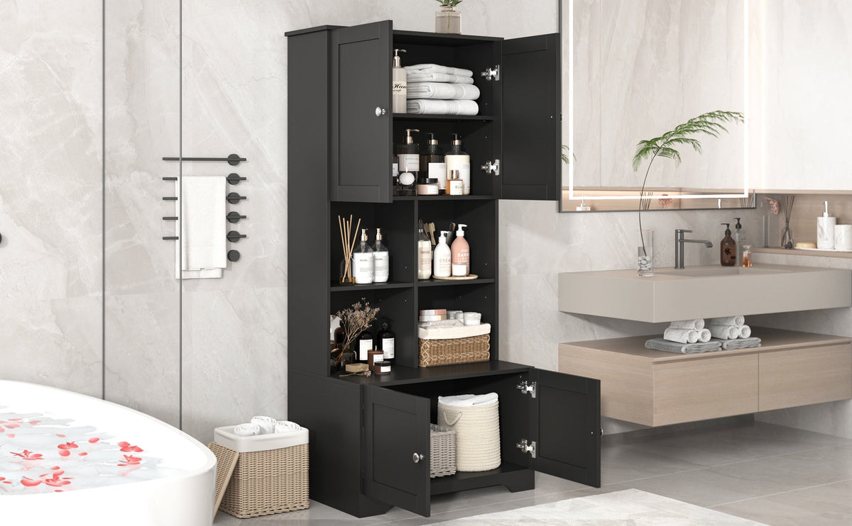 Black Bathroom Storage Cabinet, 4 Doors and Open Shelves
