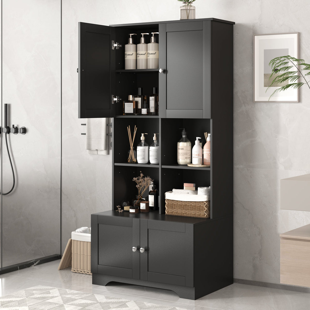 Black Bathroom Storage Cabinet, 4 Doors and Open Shelves