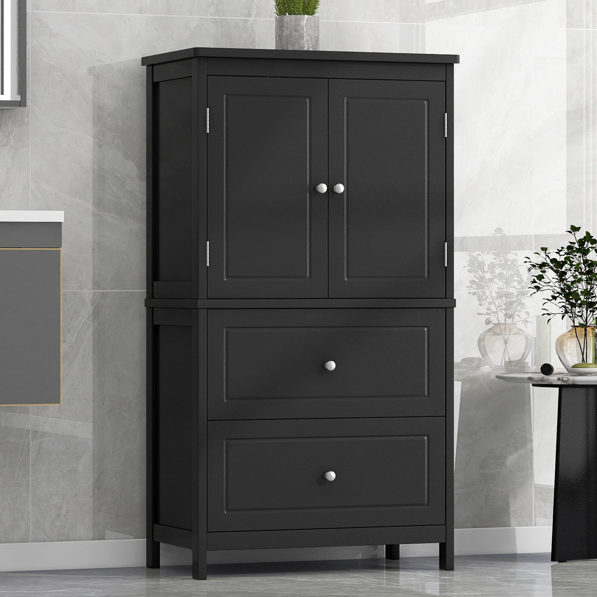 Black Bathroom Storage Cabinet with Doors & Drawers