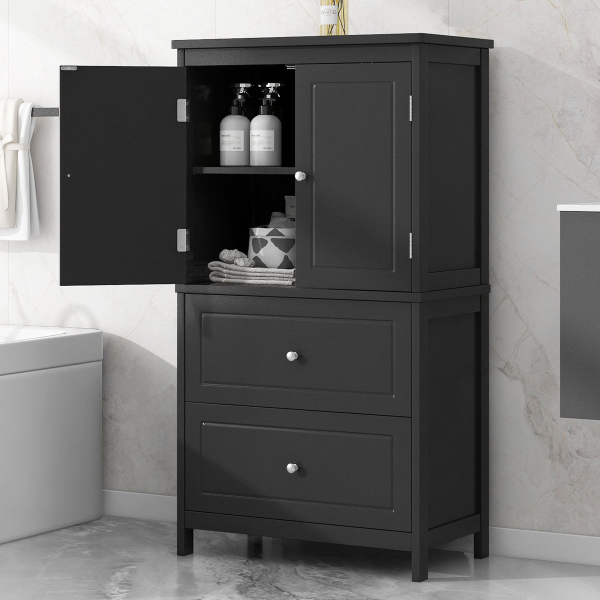 Black Bathroom Storage Cabinet with Doors & Drawers