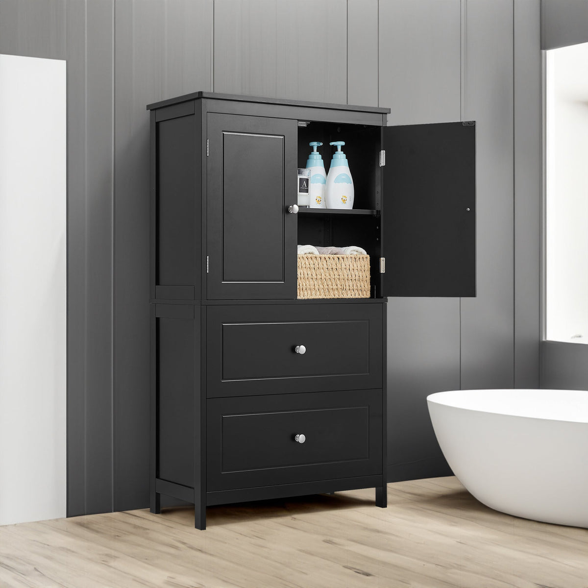 Black Bathroom Storage Cabinet with Doors & Drawers