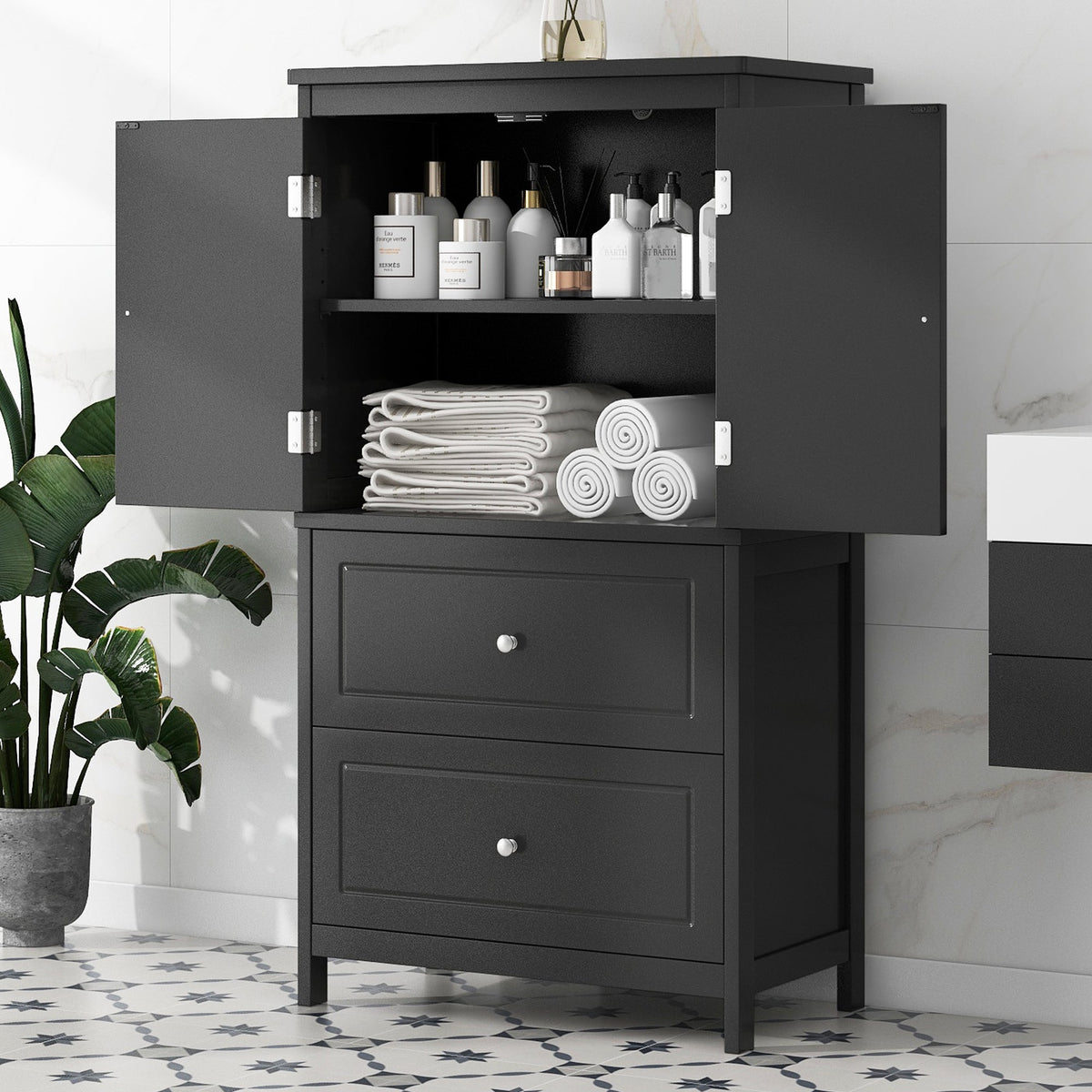 Black Bathroom Storage Cabinet with Doors & Drawers