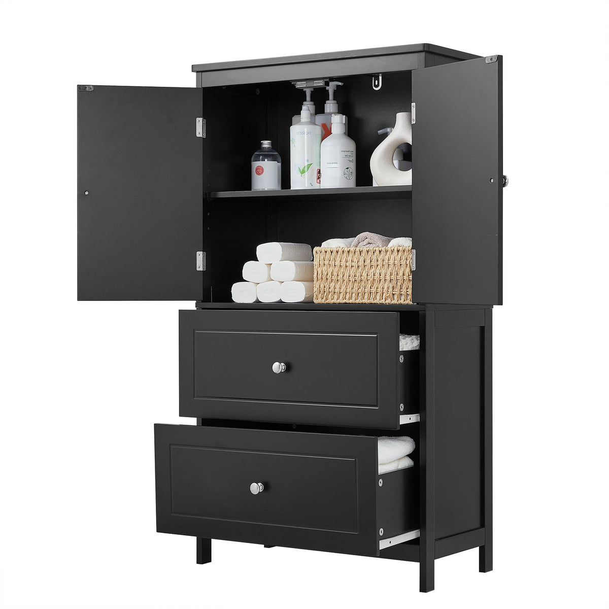 Black Bathroom Storage Cabinet with Doors & Drawers