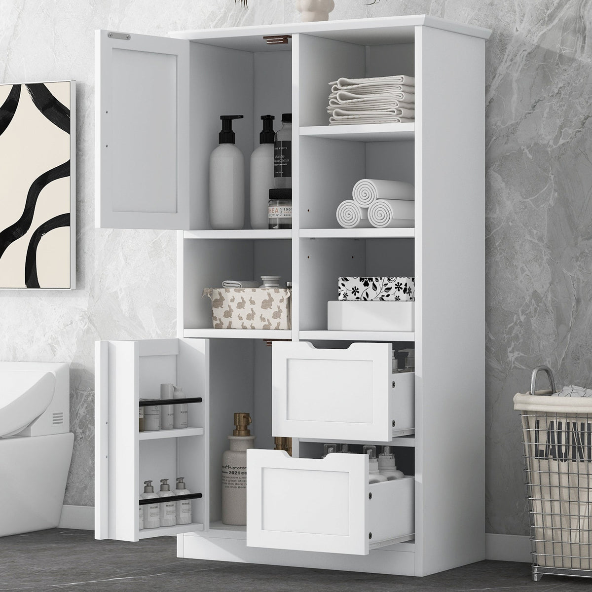 Bathroom Storage Cabinet with Doors, Drawers & Shelves