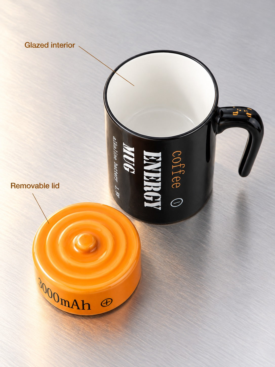 Novelty Battery Coffee Mug Set With Lid, Ceramic Gift
