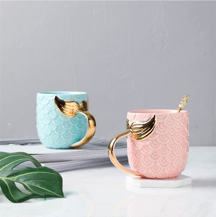 Mermaid Tail Ceramic Mug with Gold Handle, 420ml Capacity