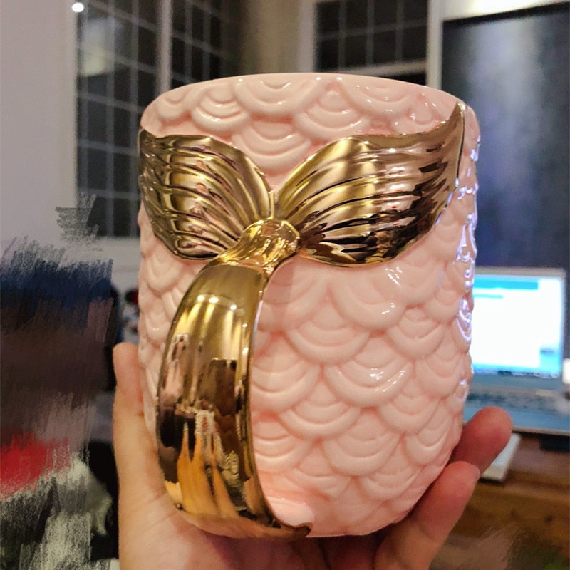 Mermaid Tail Ceramic Mug with Gold Handle, 420ml Capacity
