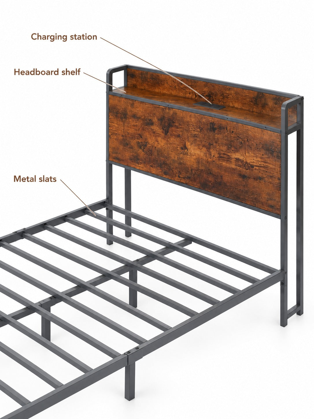 Full Size Bed Frame with Charging Station, Rustic Brown
