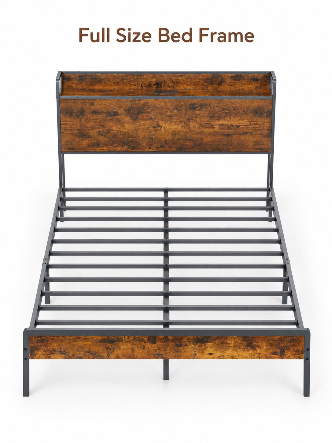 Full Size Bed Frame with Charging Station, Rustic Brown
