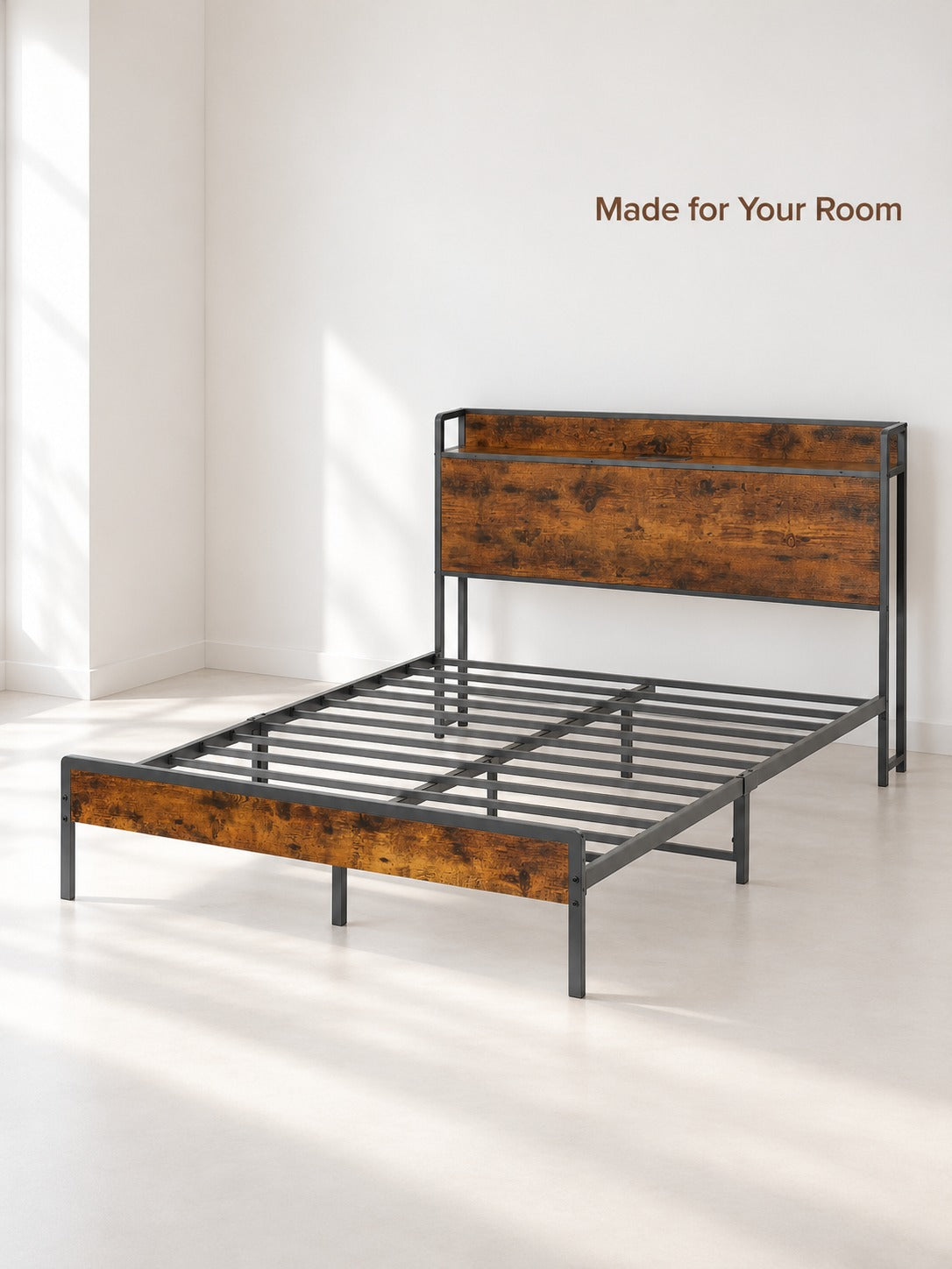 Full Size Bed Frame with Charging Station, Rustic Brown