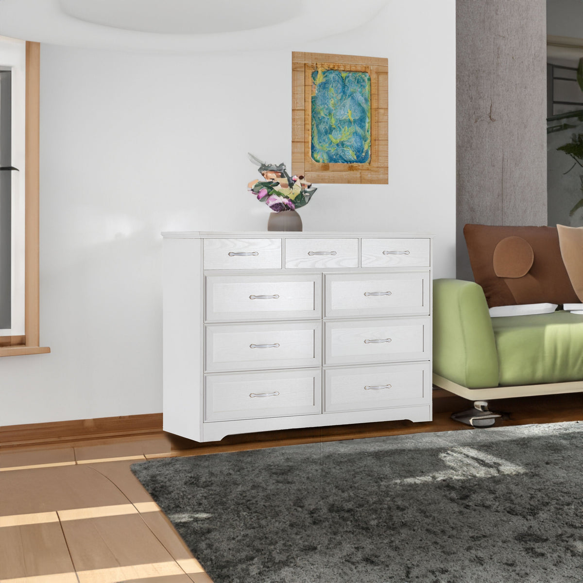 White 9-Drawer Dresser with Wood-Grain Storage Space