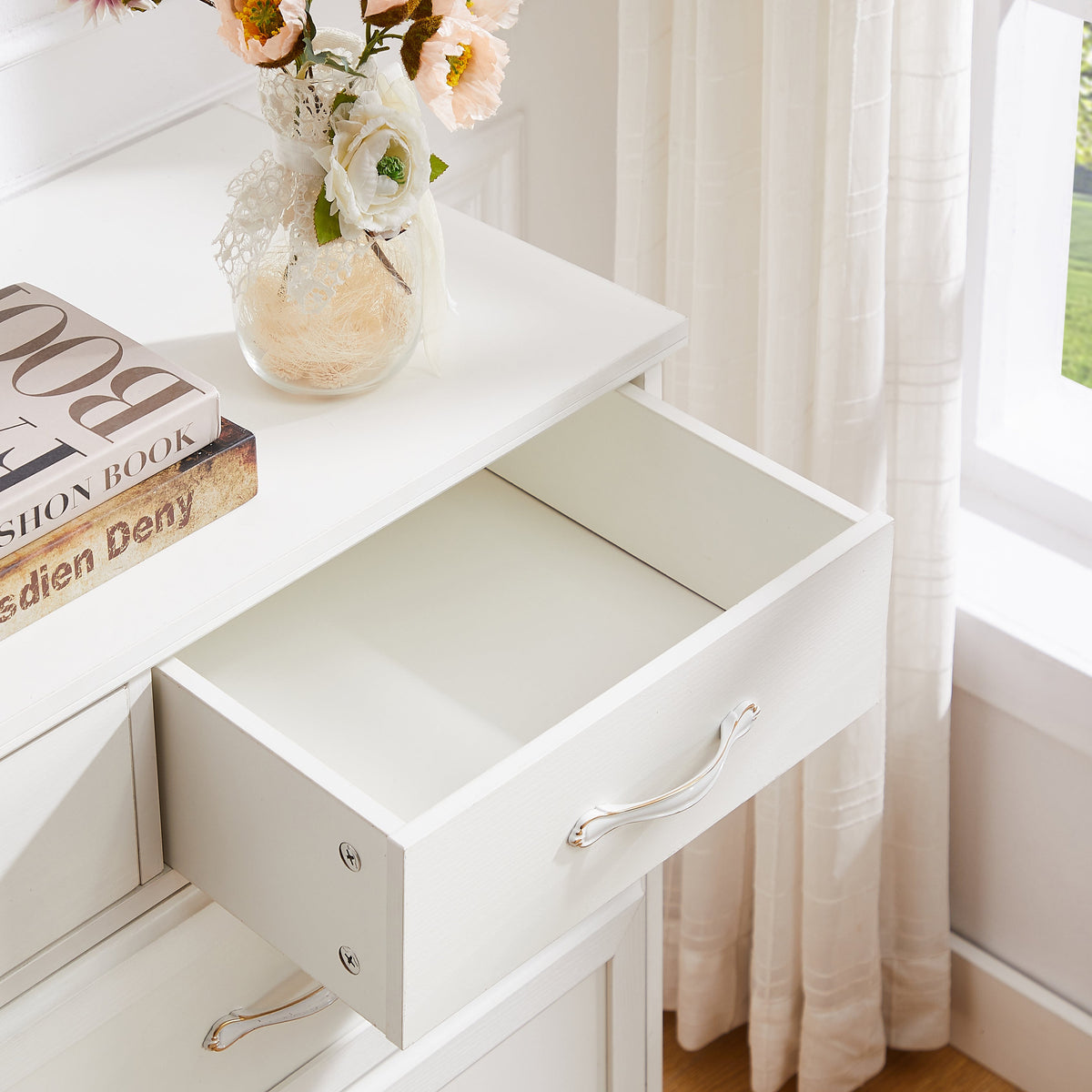 White 9-Drawer Dresser with Wood-Grain Storage Space